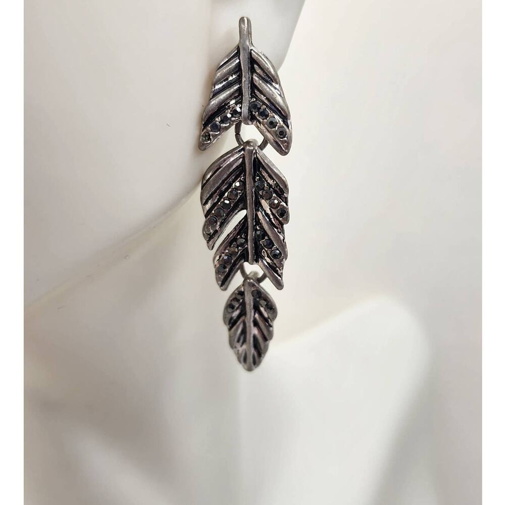 Silver Feather Rhinestone Dangle Earrings